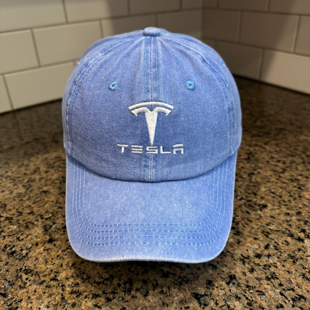 Tesla Baseball Cap Adjustable Light Blue Wash Embroidered Logo